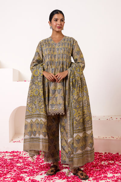 Chanderi Silk Block Print Mughal Buti Kurta Set in Mushroom Grey