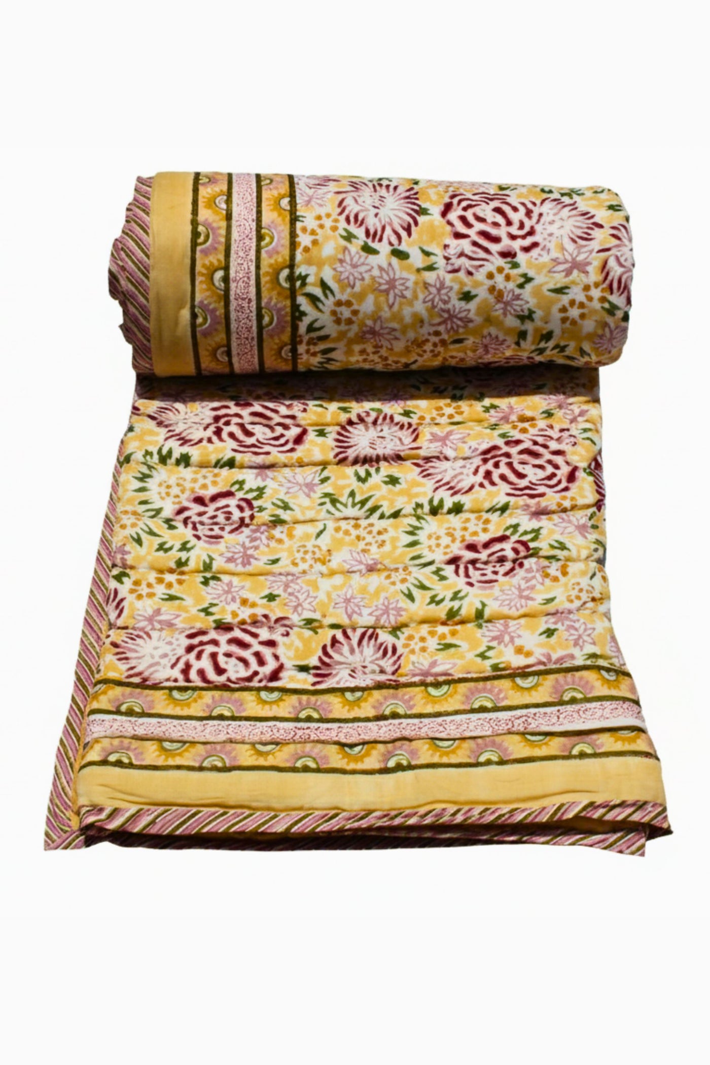 Quilt Rose Flower Jaal Hand Block Print in Yellow