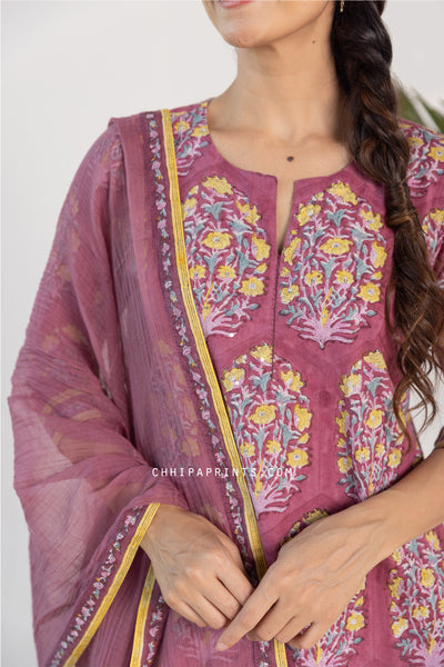 Cotton Mughal Buta Suit Set in Shades of Wine and Yellow