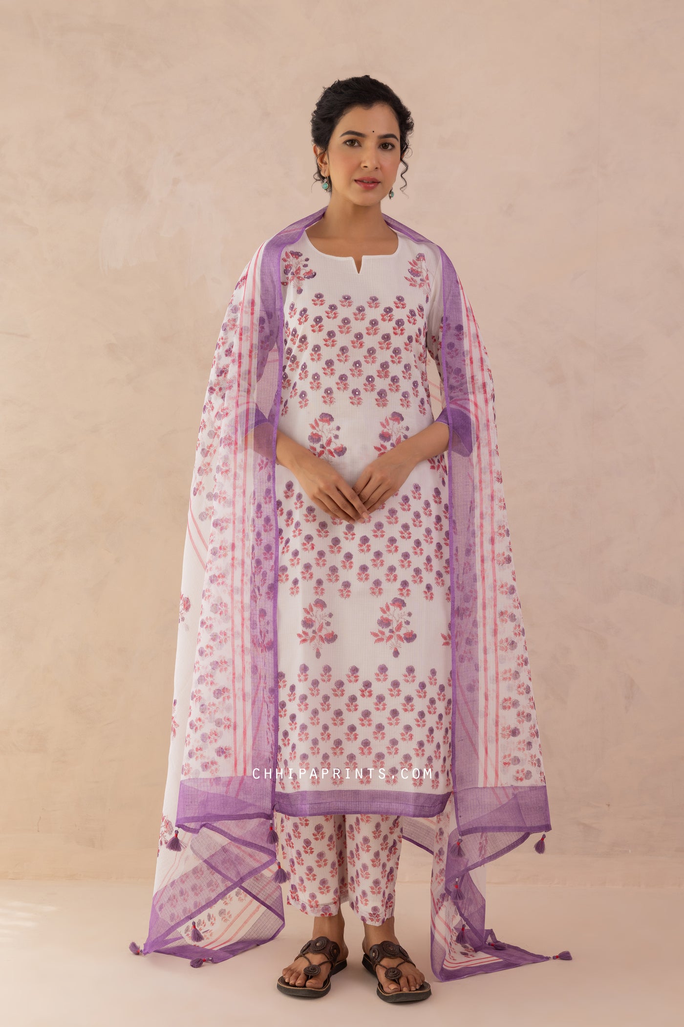 Kota Doria Block Print Panel Kurta Set in Shades of Purple & Pink