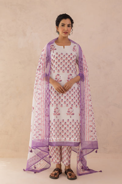 Kota Doria Block Print Panel Kurta Set in Shades of Purple & Pink