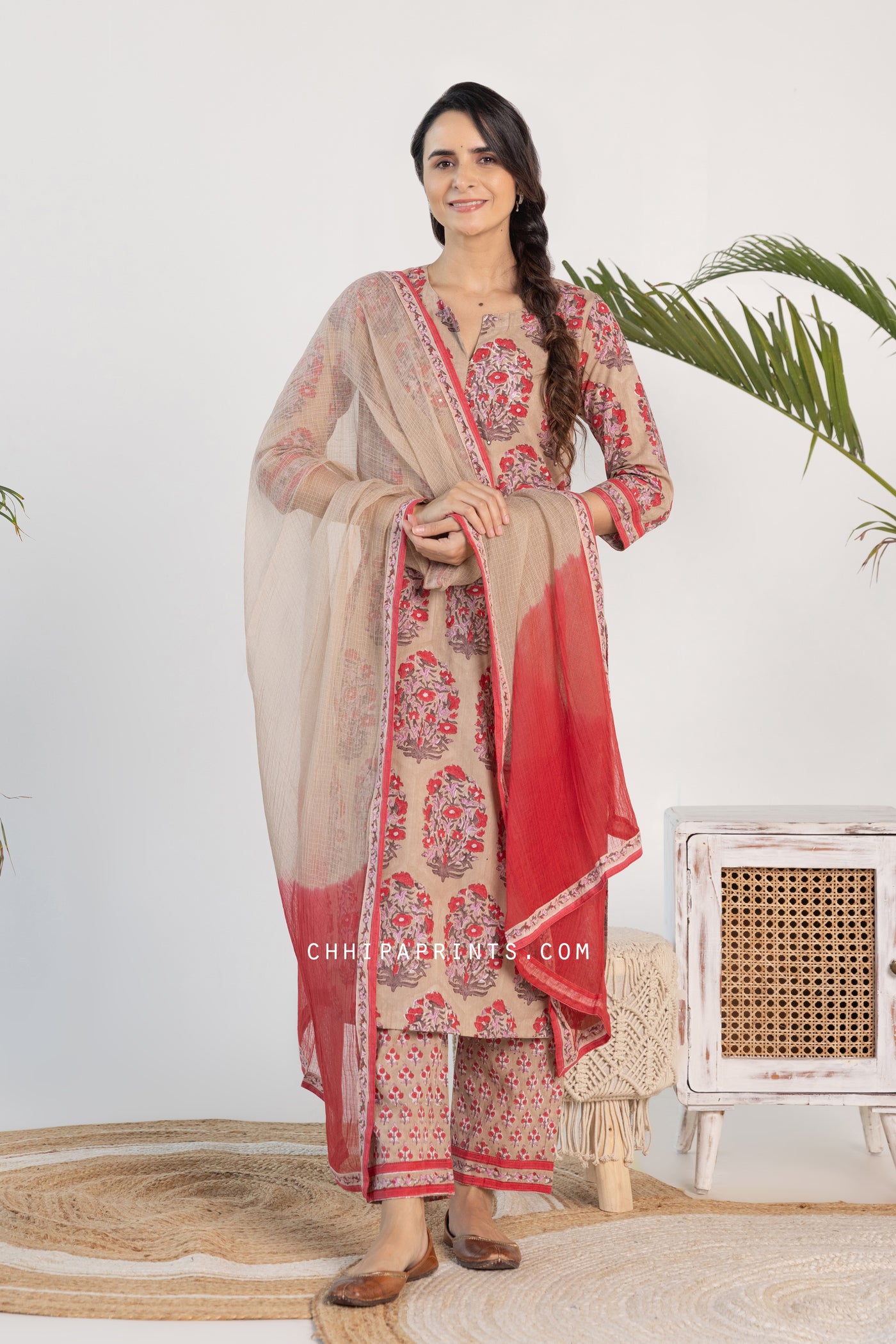 Cotton Mughal Buta Suit Set in Shades of Taupe and Red