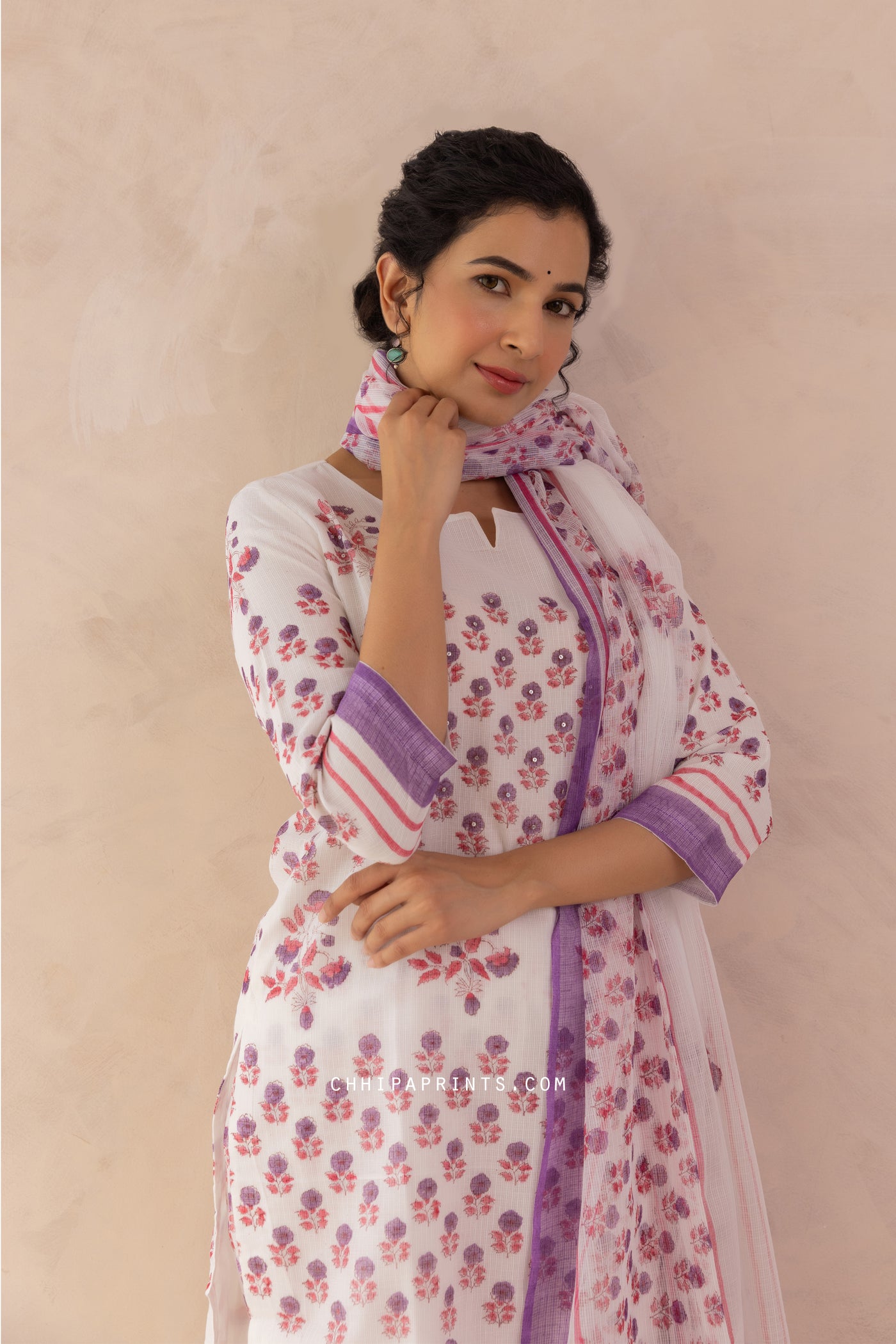 Kota Doria Block Print Panel Kurta Set in Shades of Purple & Pink