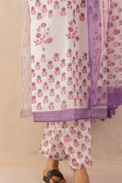 Kota Doria Block Print Panel Kurta Set in Shades of Purple & Pink