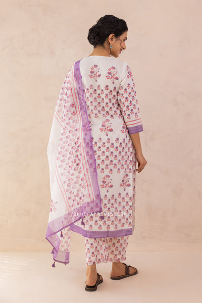 Kota Doria Block Print Panel Kurta Set in Shades of Purple & Pink