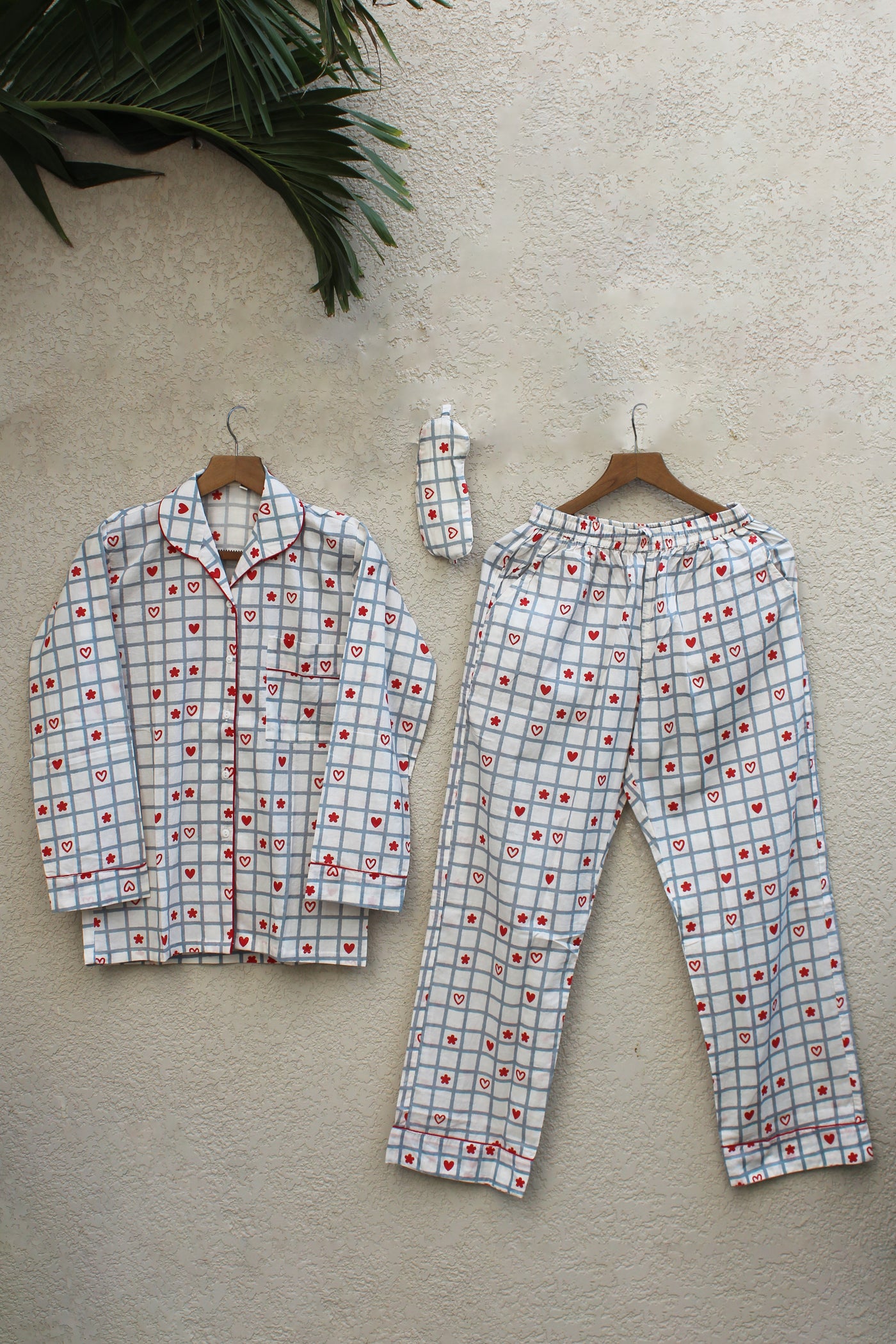 Cotton Checks Print Night Suit with Eye Mask in Grey