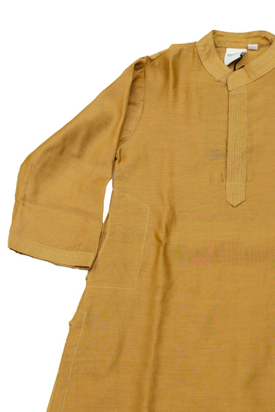 Chanderi Silk Plain Dye Boys Kurta in Olive Oil