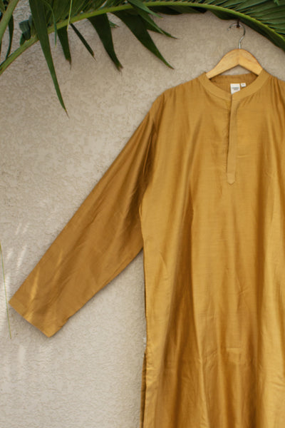 Chanderi Silk Plain Dye Men Kurta in Olive Oil