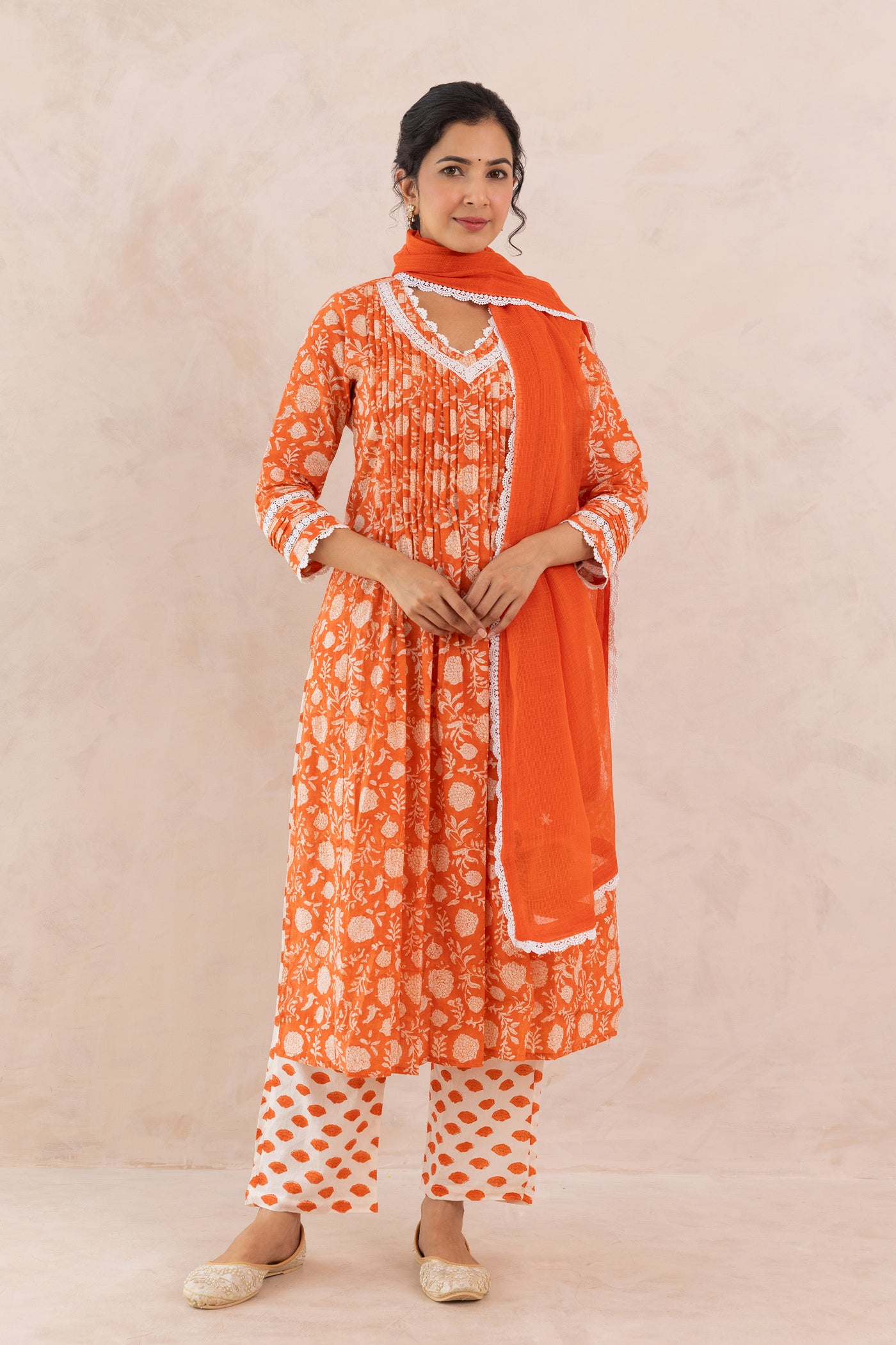 Cotton Block Print Floral Jaal Kurta Set in Fiery Orange
