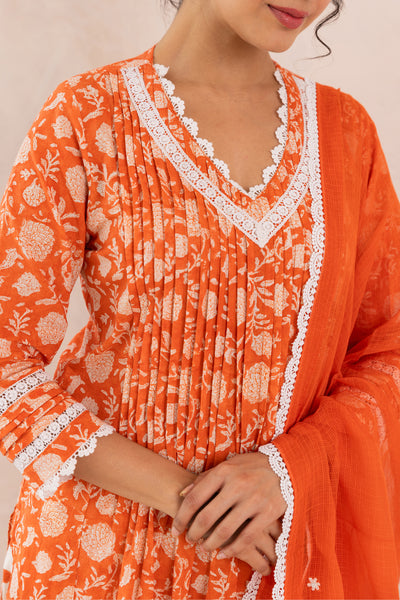 Cotton Block Print Floral Jaal Kurta Set in Fiery Orange