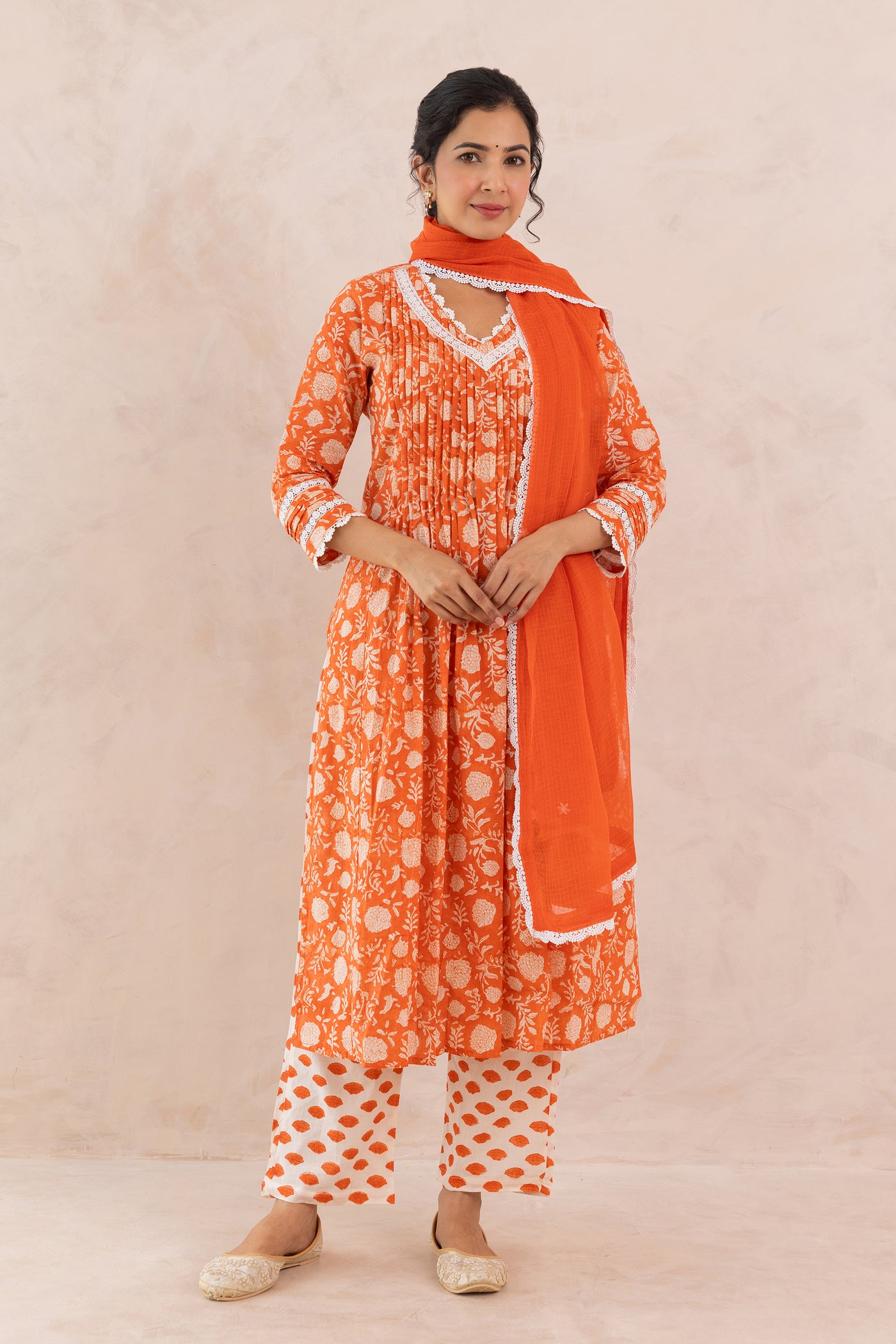Cotton Block Print Floral Jaal Kurta Set in Fiery Orange