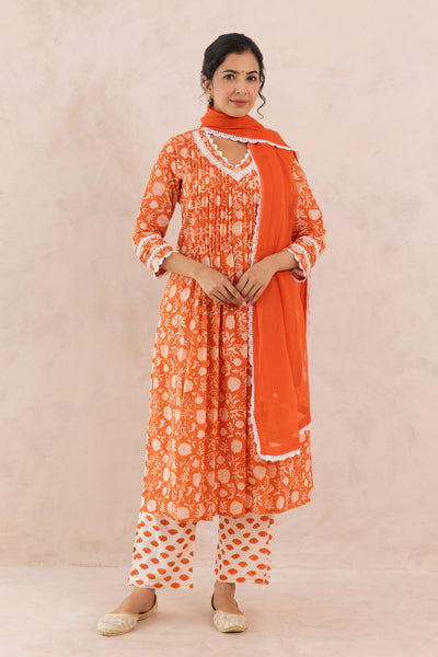 Cotton Block Print Floral Jaal Kurta Set in Fiery Orange
