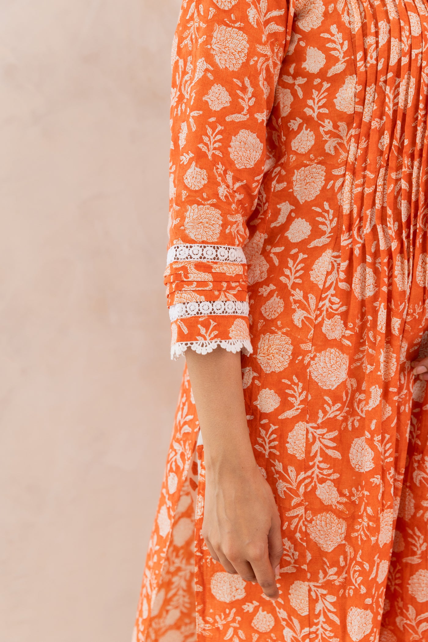 Cotton Block Print Floral Jaal Kurta Set in Fiery Orange