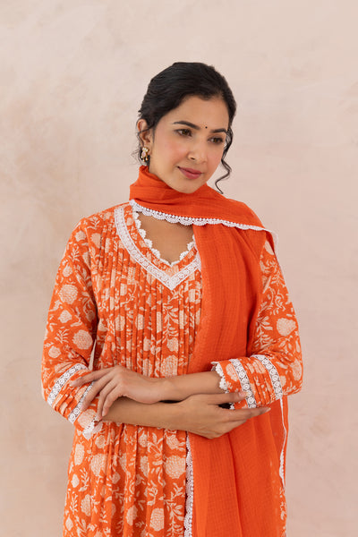 Cotton Block Print Floral Jaal Kurta Set in Fiery Orange