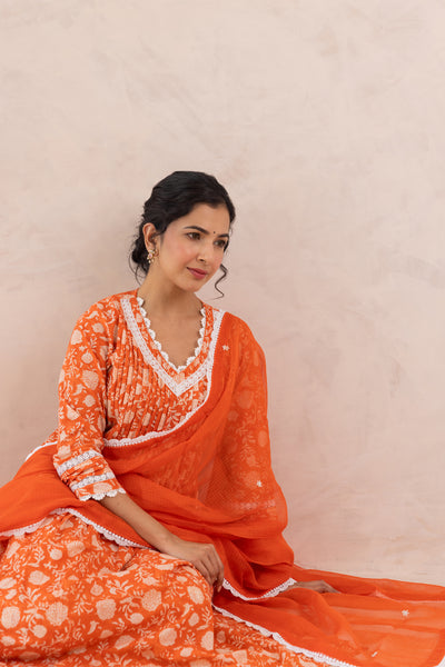 Cotton Block Print Floral Jaal Kurta Set in Fiery Orange