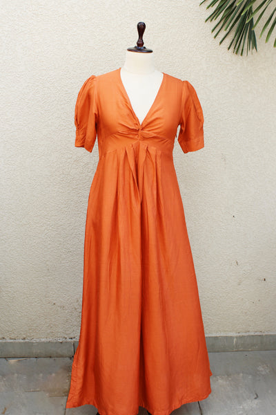 Raw Silk Plain Dye Knotted Long Dress in Gold Flame