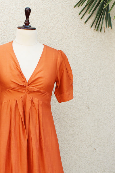 Raw Silk Plain Dye Knotted Long Dress in Gold Flame