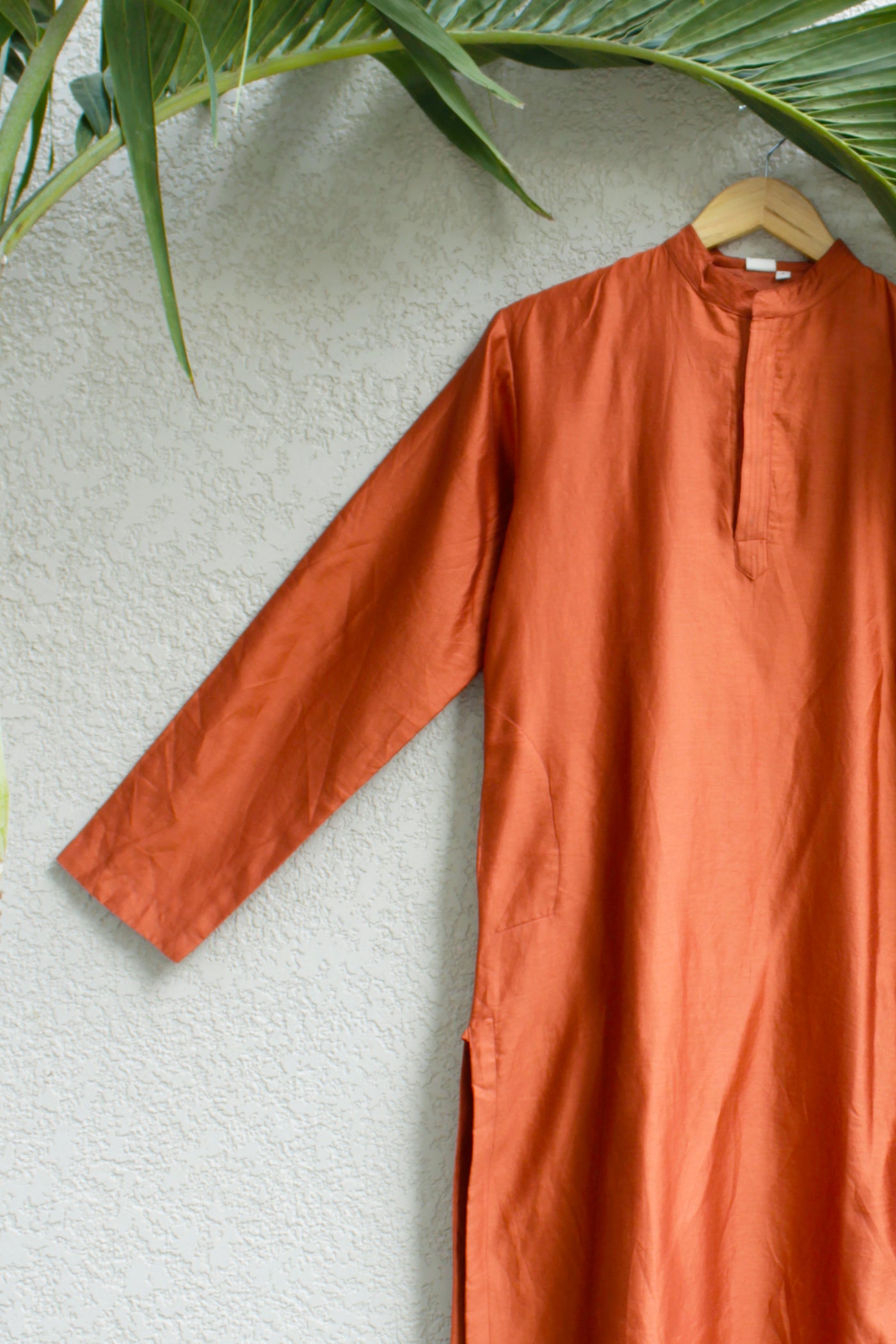 Chanderi Silk Plain Dye Men Kurta in Gold Flame