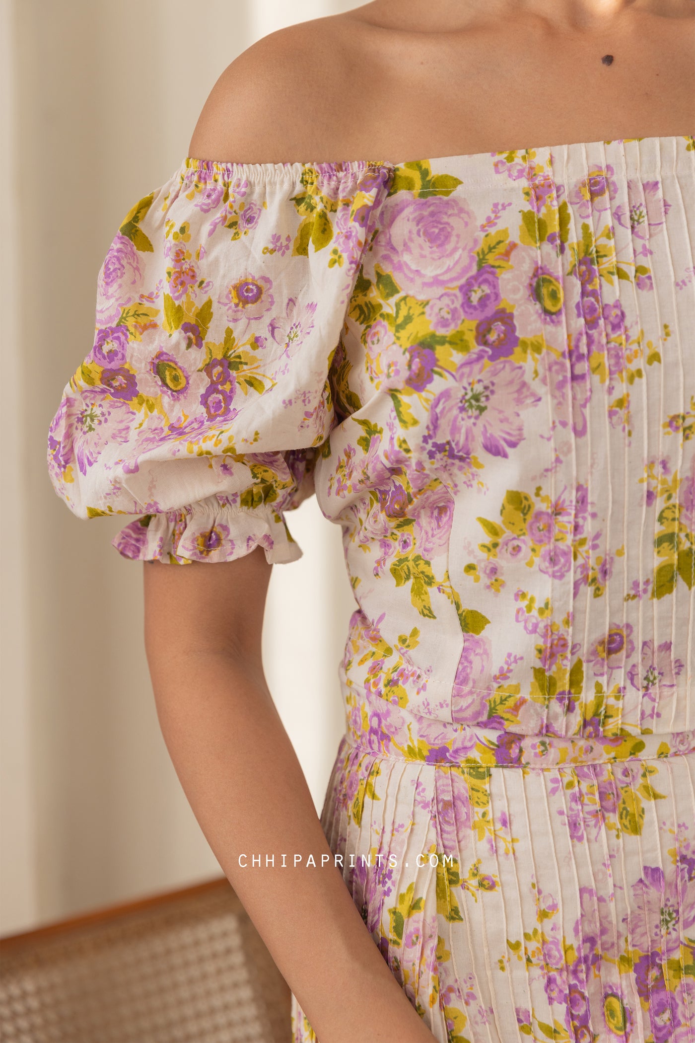 COTTON FLORAL PRINT BLOUSE & SKIRT CO ORD SET IN SHADES OF PURPLE