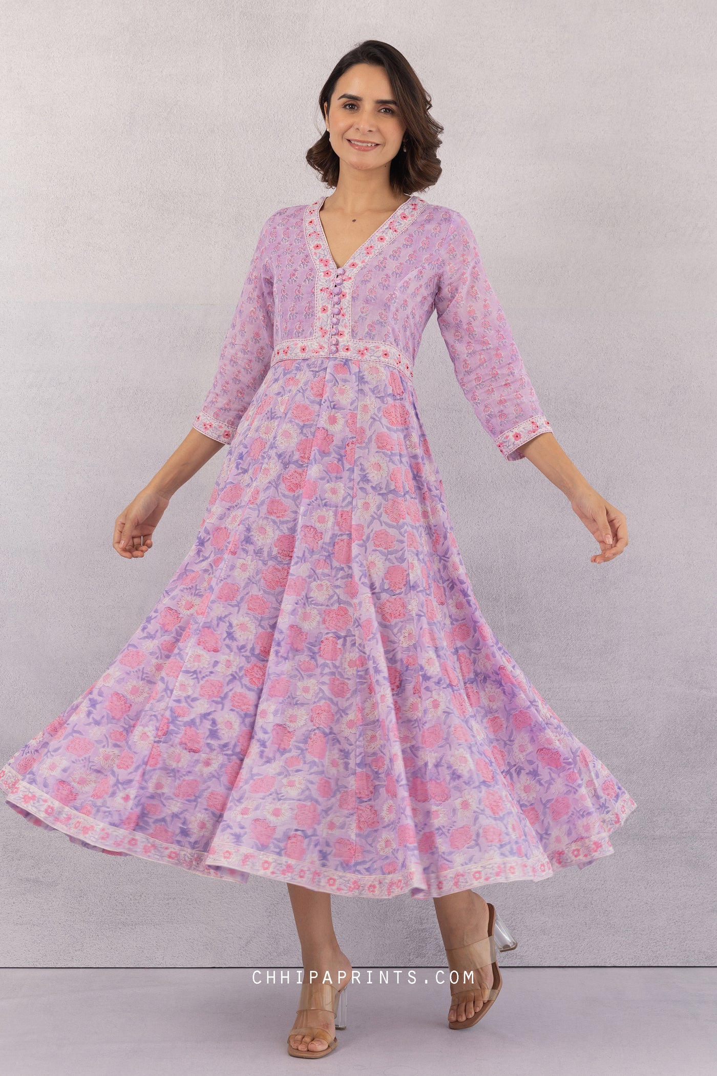 COTTON BLOCK PRINTS V NECK ANARKALI DRESS IN LAVENDER