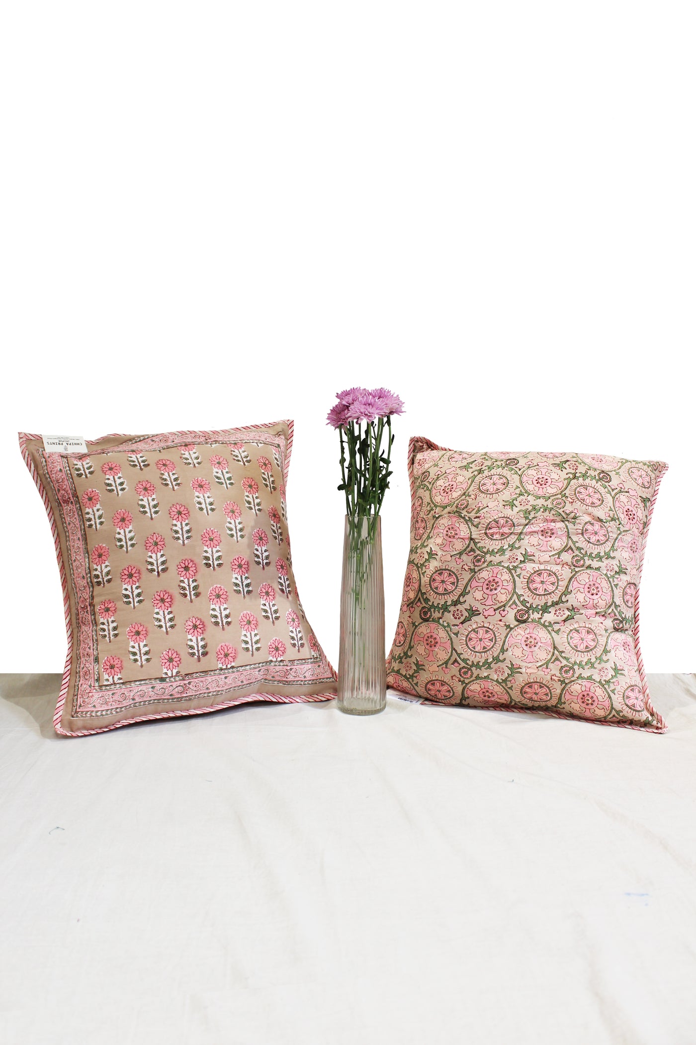 Cotton Gud Buti Block Print Cushion Cover in Cameo Rose