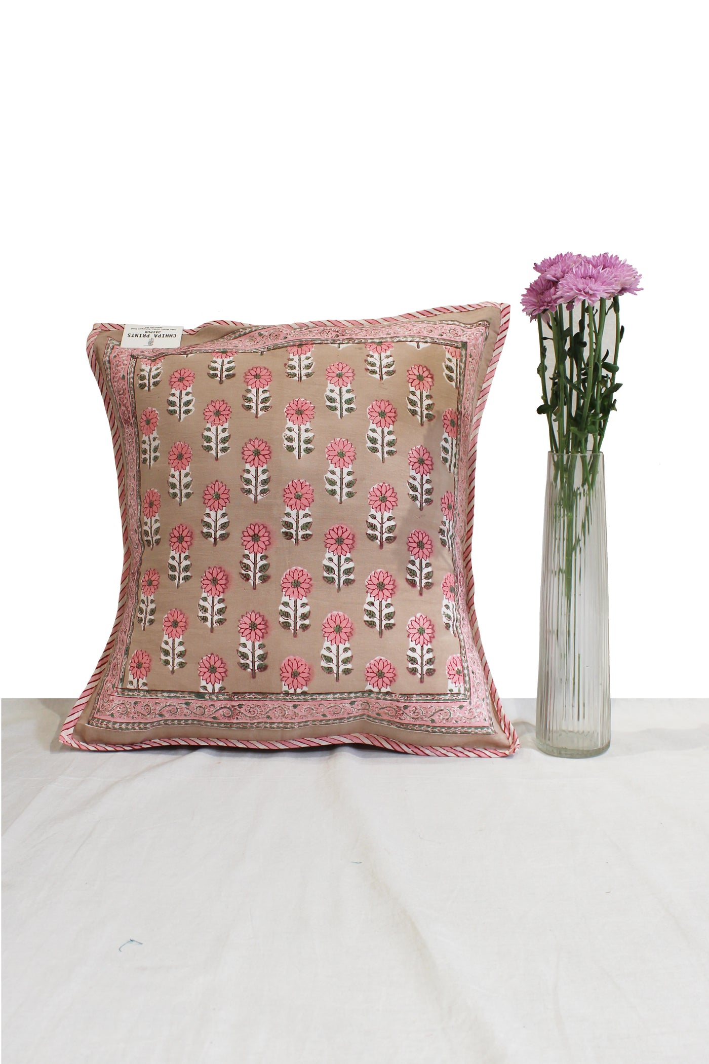 Cotton Gud Buti Block Print Cushion Cover in Cameo Rose