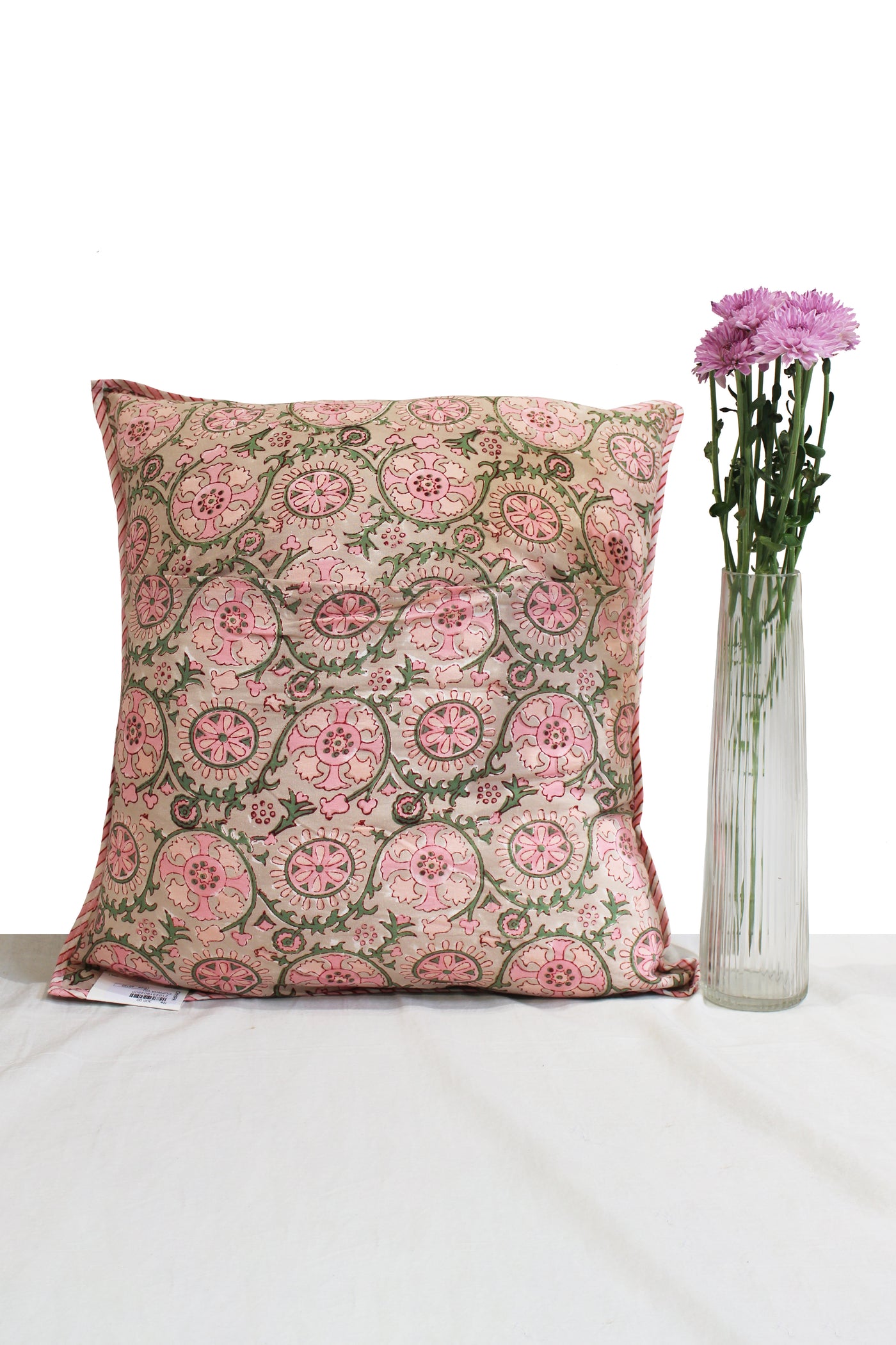 Cotton Gud Buti Block Print Cushion Cover in Cameo Rose
