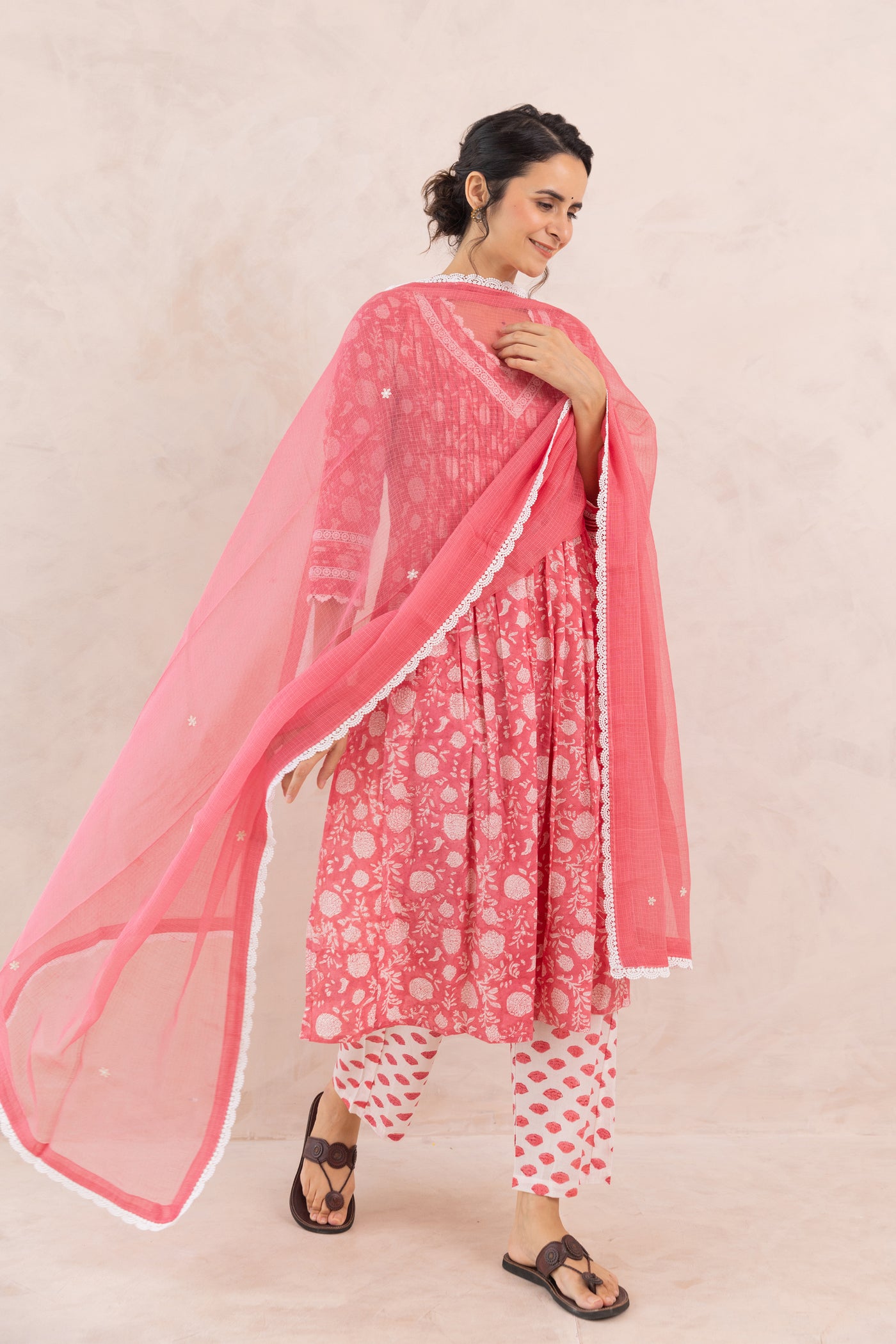 Cotton Block Print Floral Jaal Kurta Set in Rose Pink