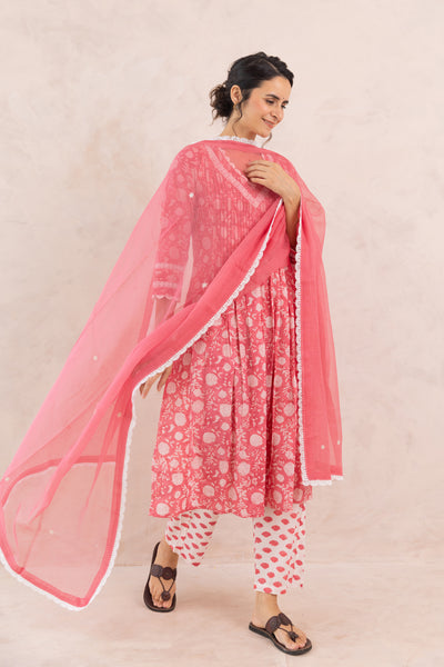 Cotton Block Print Floral Jaal Kurta Set in Rose Pink