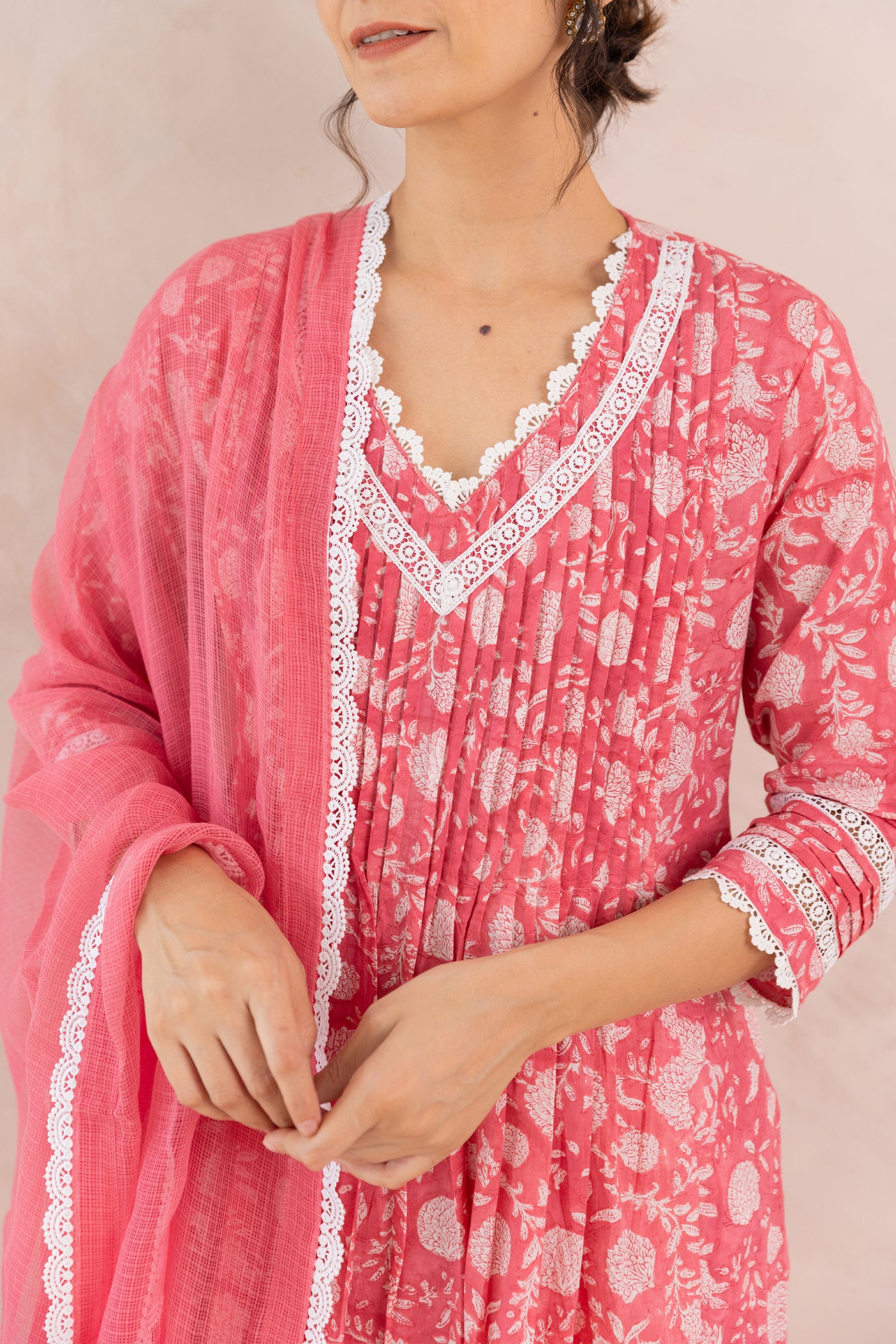 Cotton Block Print Floral Jaal Kurta Set in Rose Pink