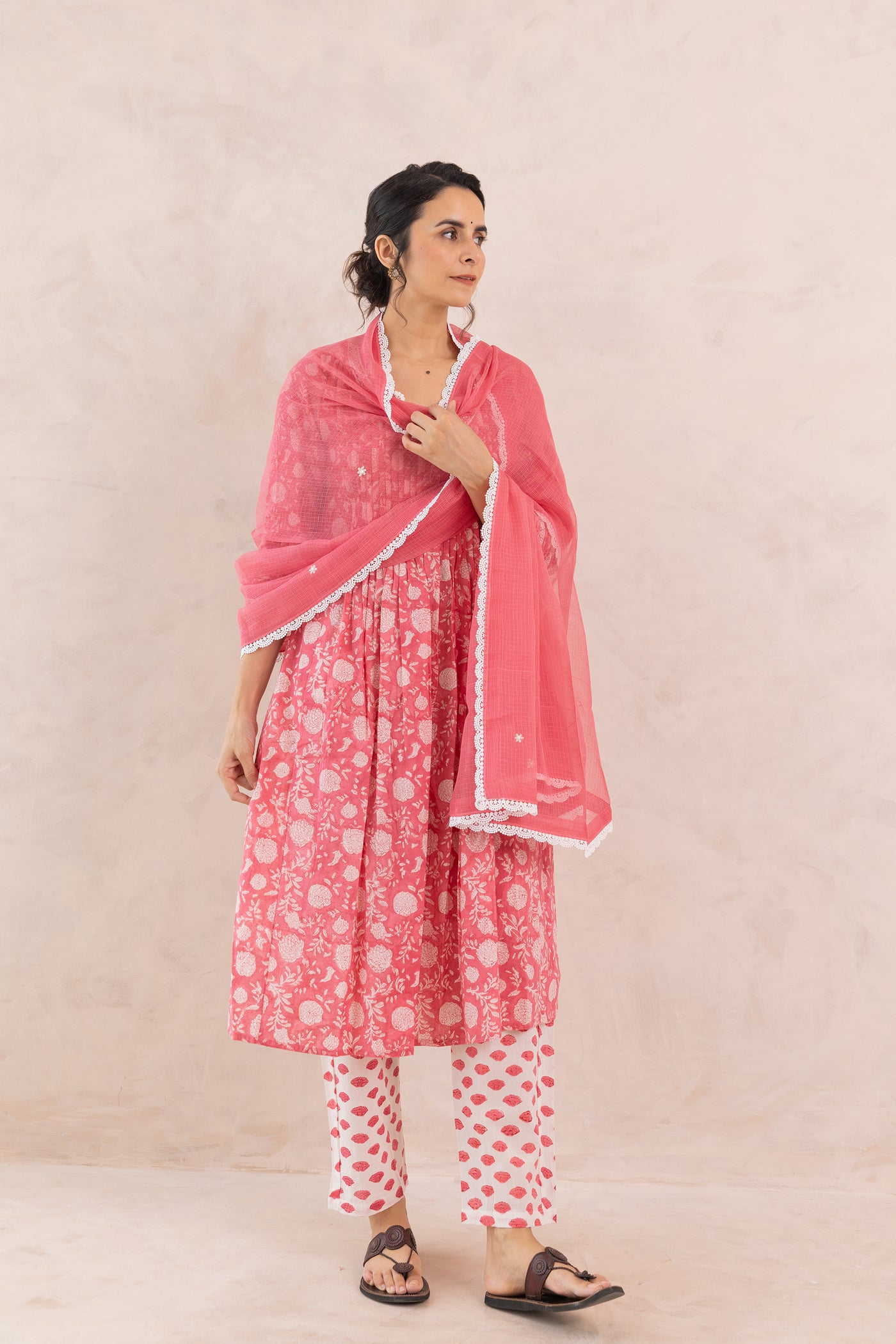 Cotton Block Print Floral Jaal Kurta Set in Rose Pink