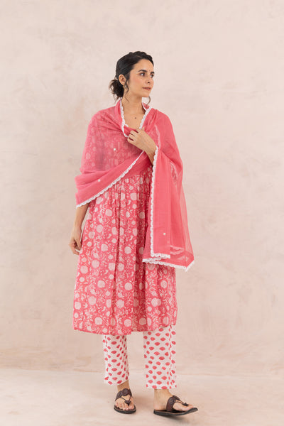 Cotton Block Print Floral Jaal Kurta Set in Rose Pink