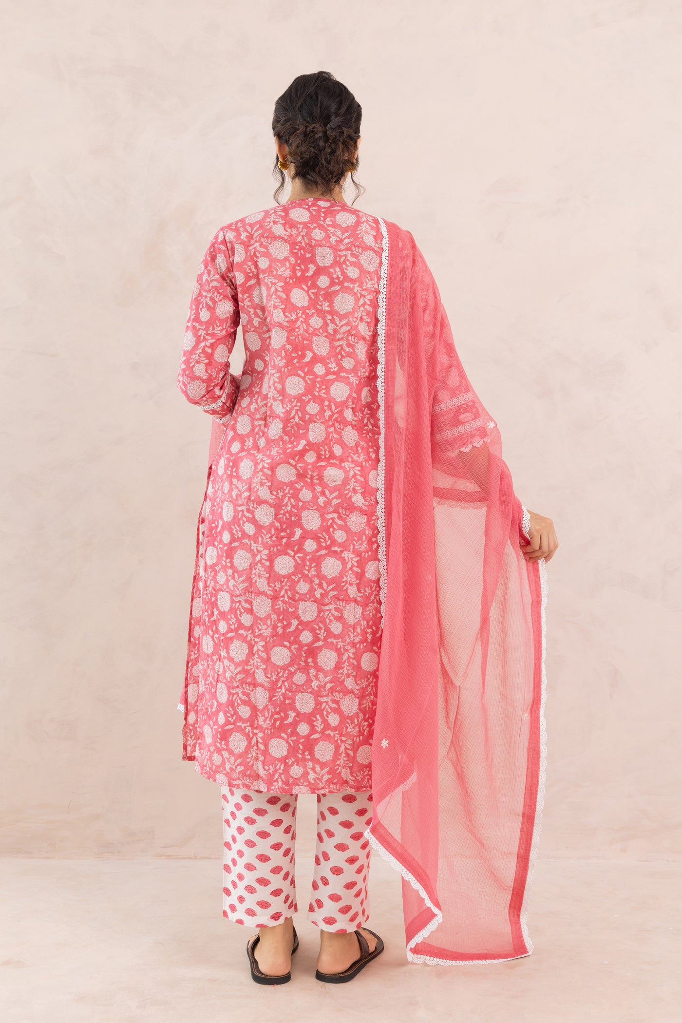 Cotton Block Print Floral Jaal Kurta Set in Rose Pink