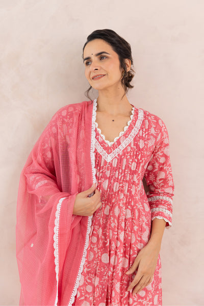 Cotton Block Print Floral Jaal Kurta Set in Rose Pink