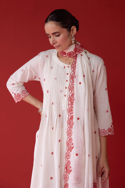 Cotton Shell Tuck Jaal & Buti Embroidered Kurta Set in Red