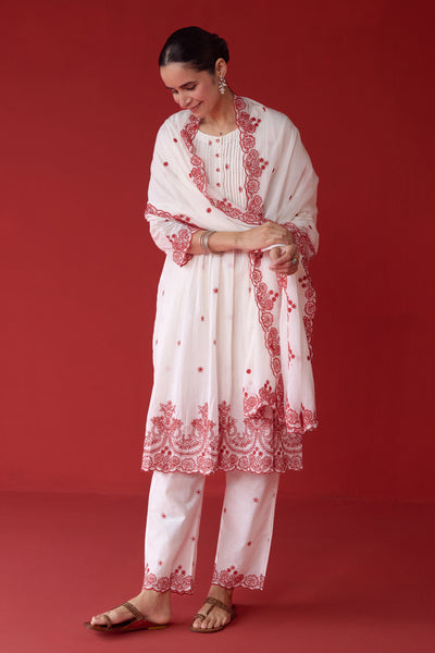 Cotton Shell Tuck Jaal & Buti Embroidered Kurta Set in Red