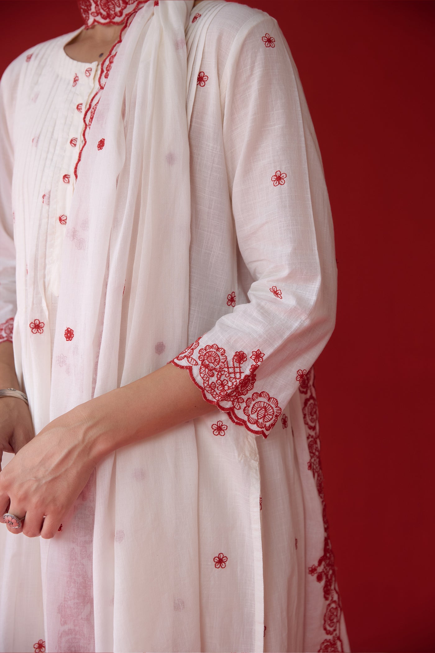 Cotton Shell Tuck Jaal & Buti Embroidered Kurta Set in Red