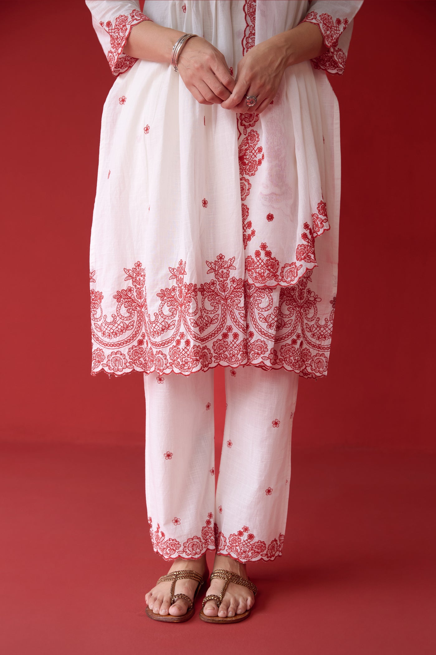 Cotton Shell Tuck Jaal & Buti Embroidered Kurta Set in Red