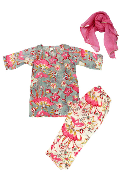 Cotton Big Flower Jaal Print Girls Kurta Set In Grey and Pink