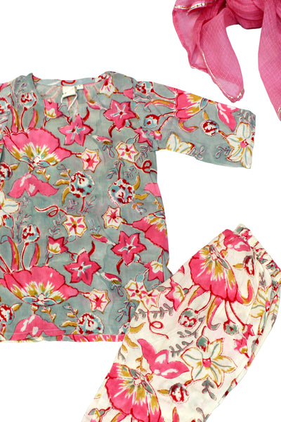 Cotton Big Flower Jaal Print Girls Kurta Set In Grey and Pink