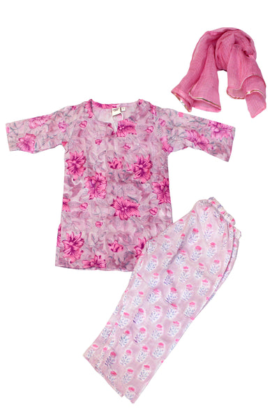 Cotton Flower Jaal Print Girls Kurta Set in Purple Rhapsody