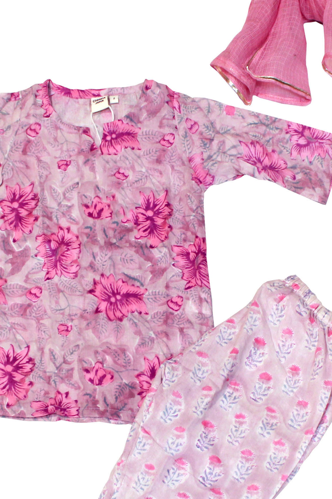 Cotton Flower Jaal Print Girls Kurta Set in Purple Rhapsody