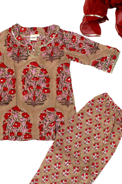 Cotton Big Buta Print Girls Kurta Set in Taupe and Red