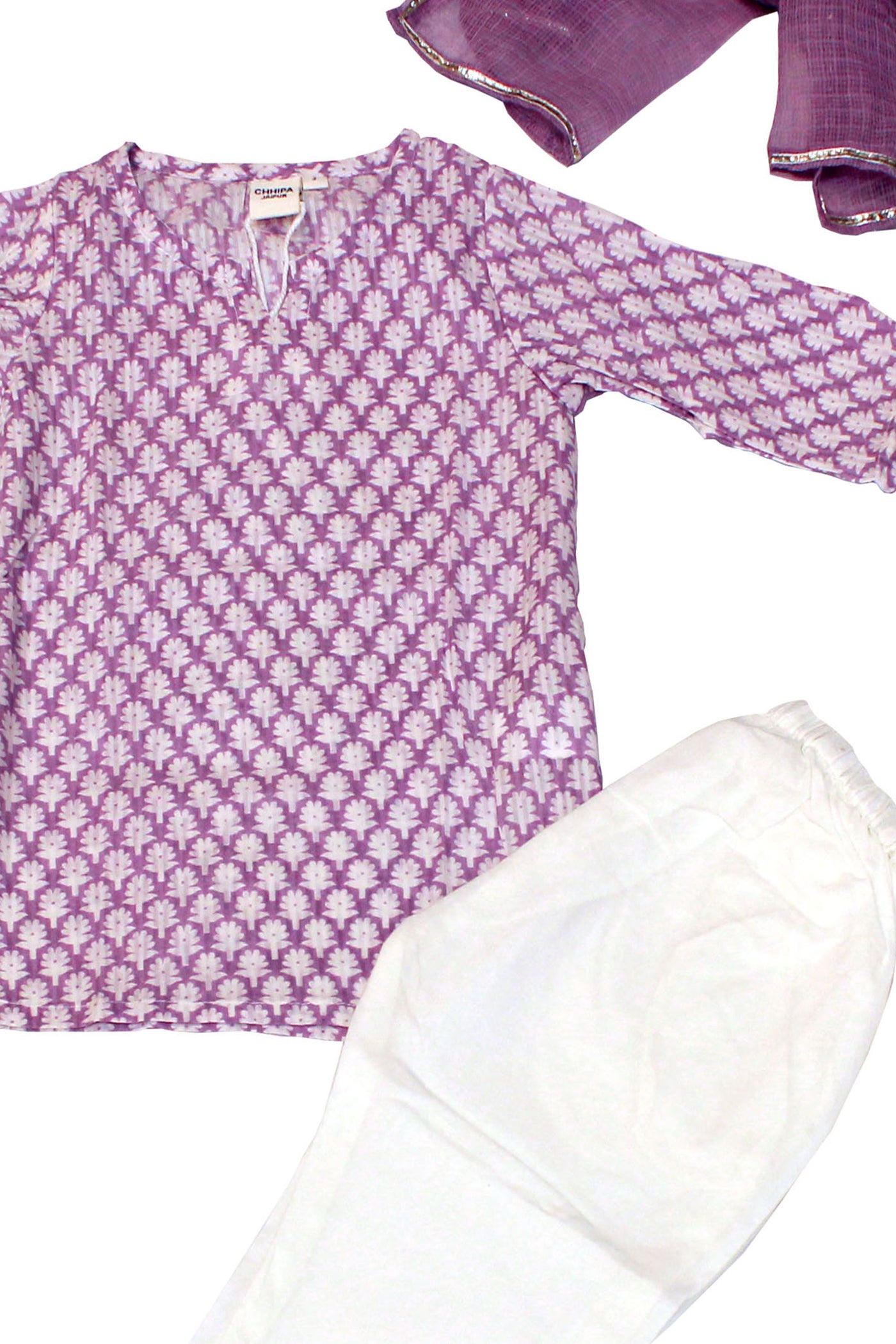 Cotton Buti Print Girls Kurta Set in Rhapsody Purple