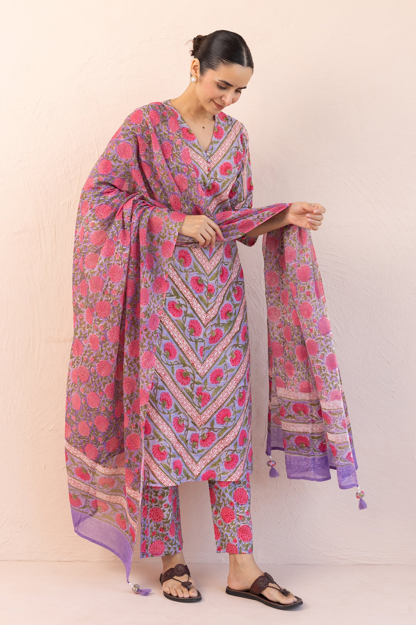 Cotton Block Print Parcha Border Kurta Set in Muted Lavender