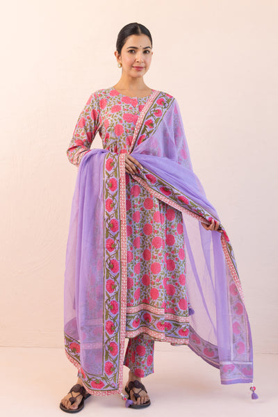 Cotton Block Print Floral Jaal A line Gather Kurta Set in Muted Lavender