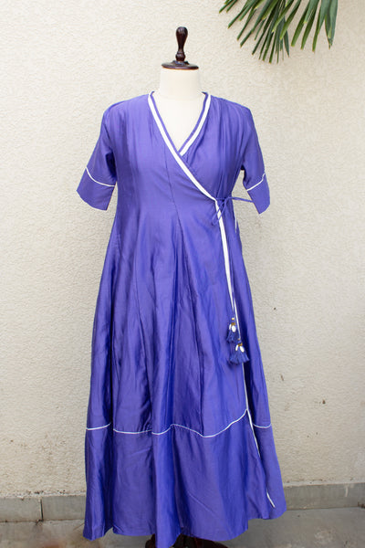 Chanderi Silk Plain Dye Fit & Flare Angrakha Long Dress in Royal Blue