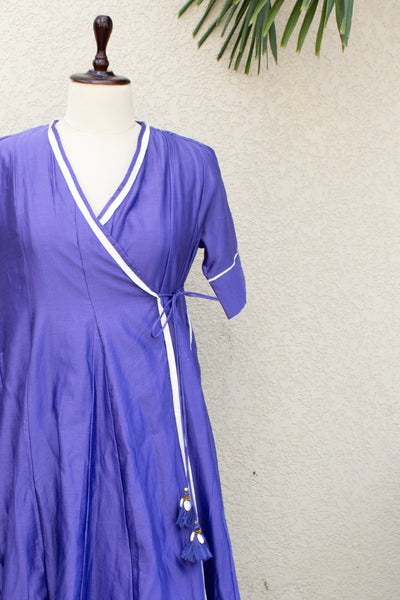 Chanderi Silk Plain Dye Fit & Flare Angrakha Long Dress in Royal Blue