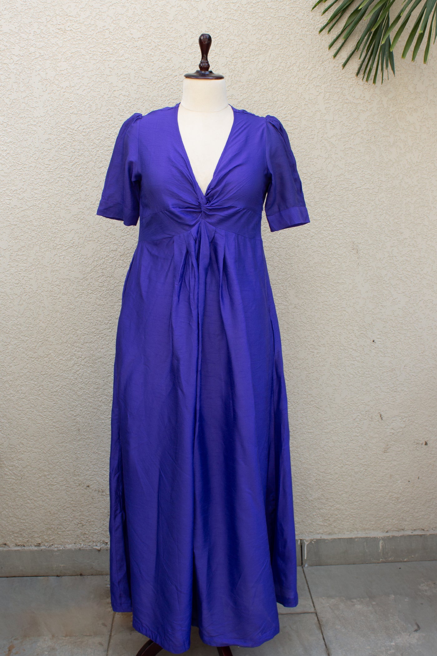 Raw Silk Plain Dye Knotted Long Dress in Royal Blue