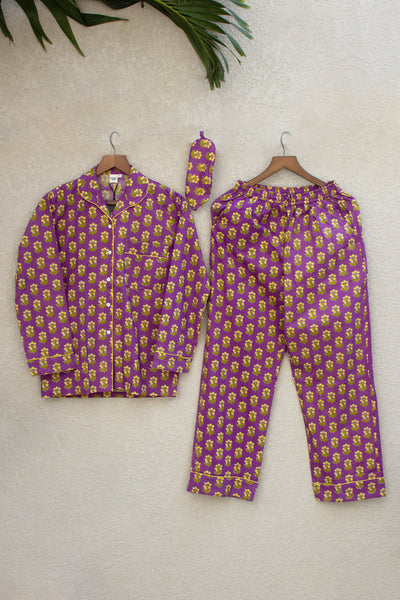 Cotton Buti Print Night Suit with Eye Mask in Plum